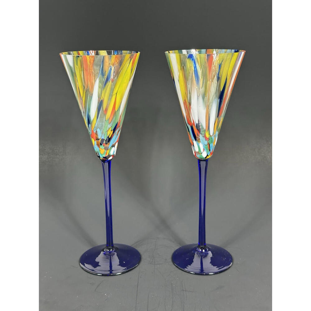 2 Confetti Art Glass Champagne‎ Flute Wine Glass Signed Handmade Barware Glasses